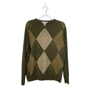 Geoffrey Beene Green Argyle Crewneck Pullover Sweater Men's Size Large